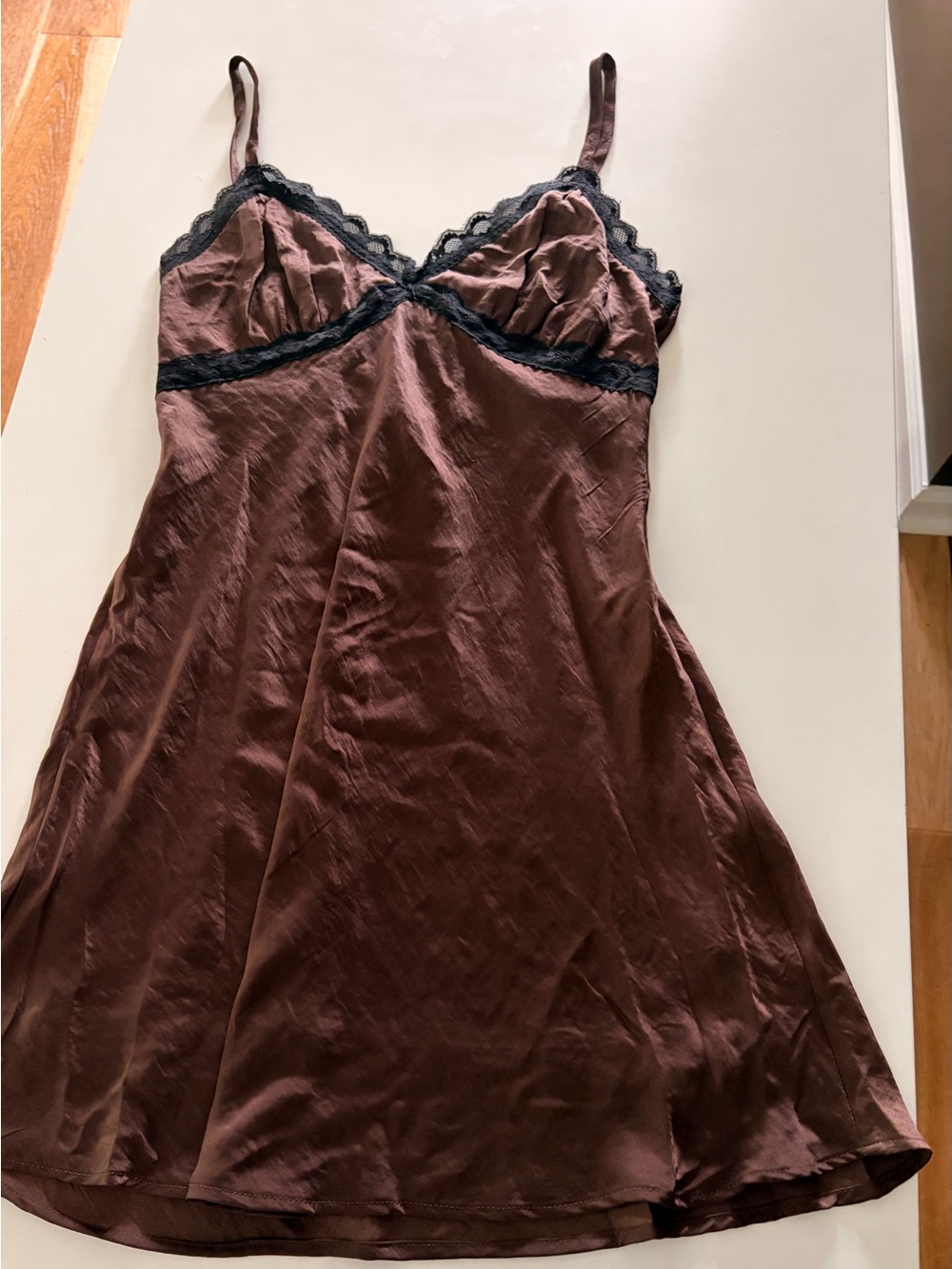 Brown Satin Lace Trim Chemise Slip